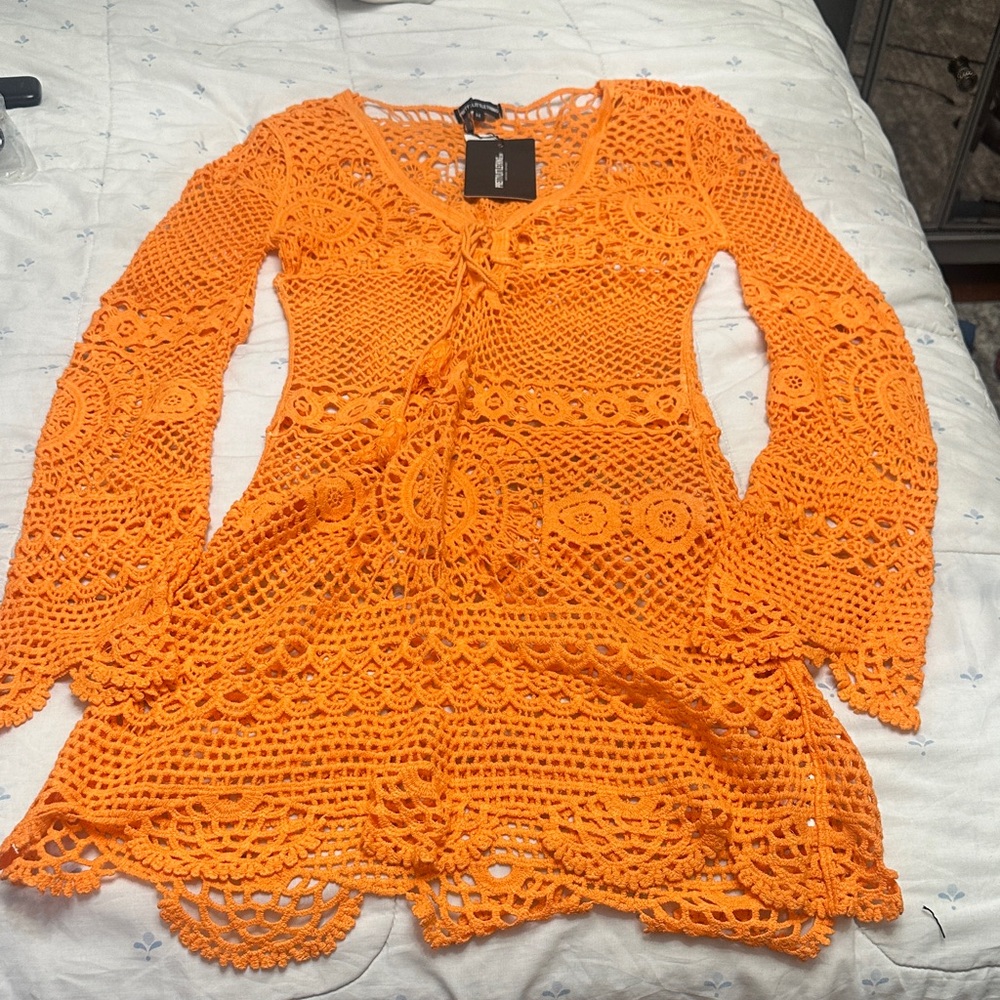 PrettyLittleThing Orange Crochet Mini Dress